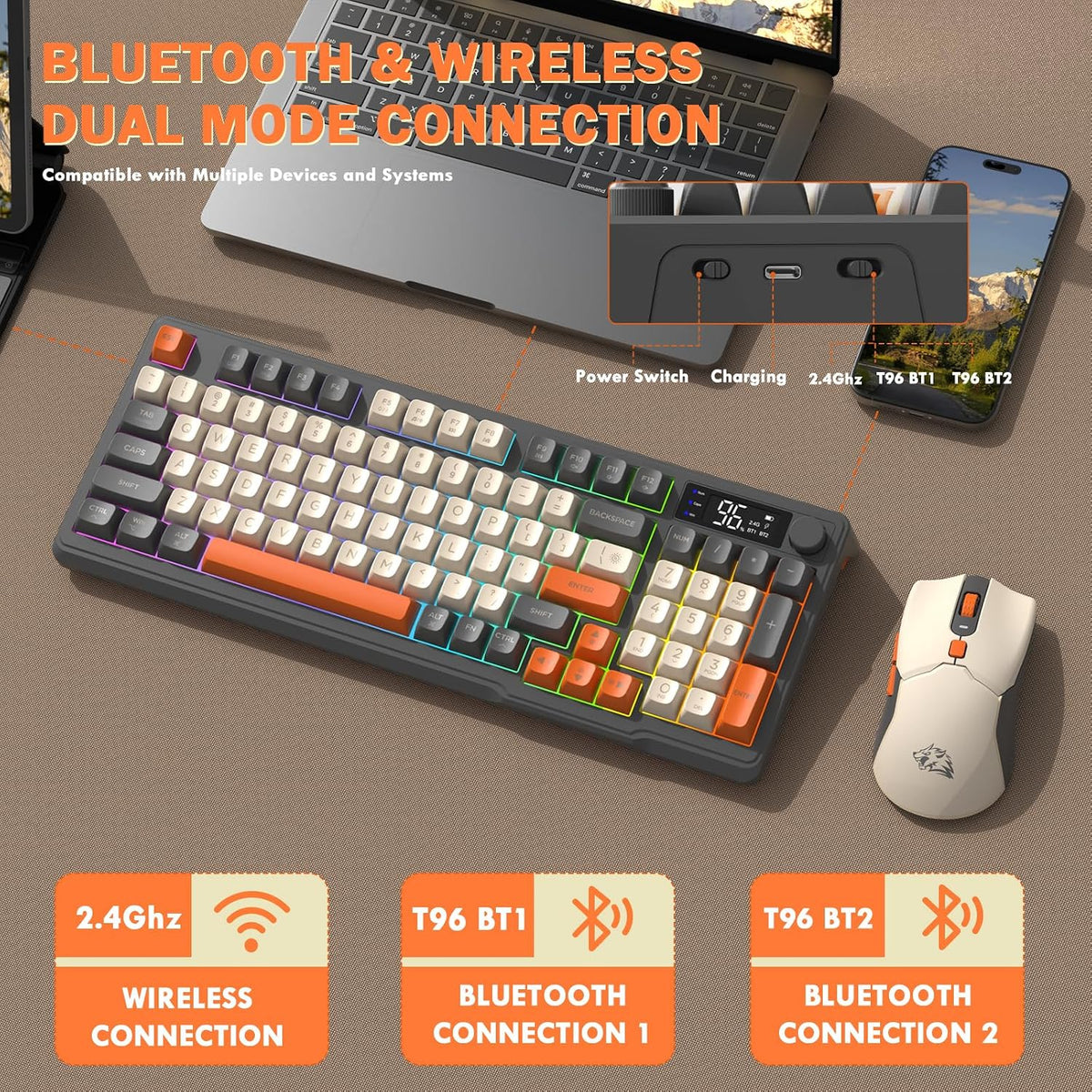 ZIYOU LANG T96 Wireless Gaming Keyboard and Mouse Combo,Dual Bluetooth//2.4G ...