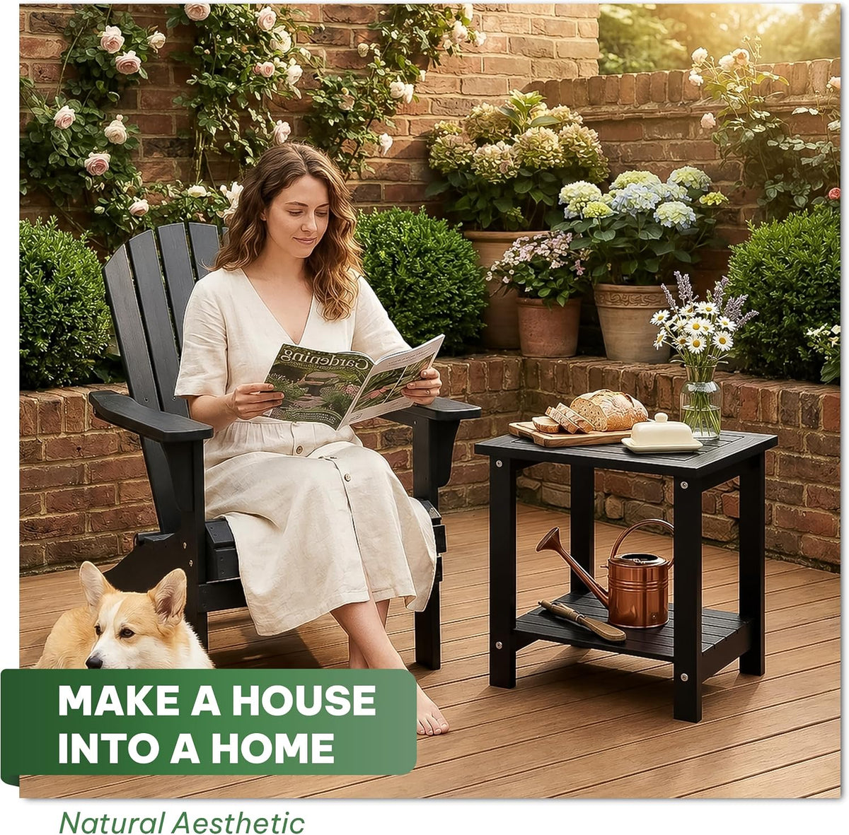 Acacia Wood Adirondack Side Table, 2-Tier Outdoor End Table - Black
