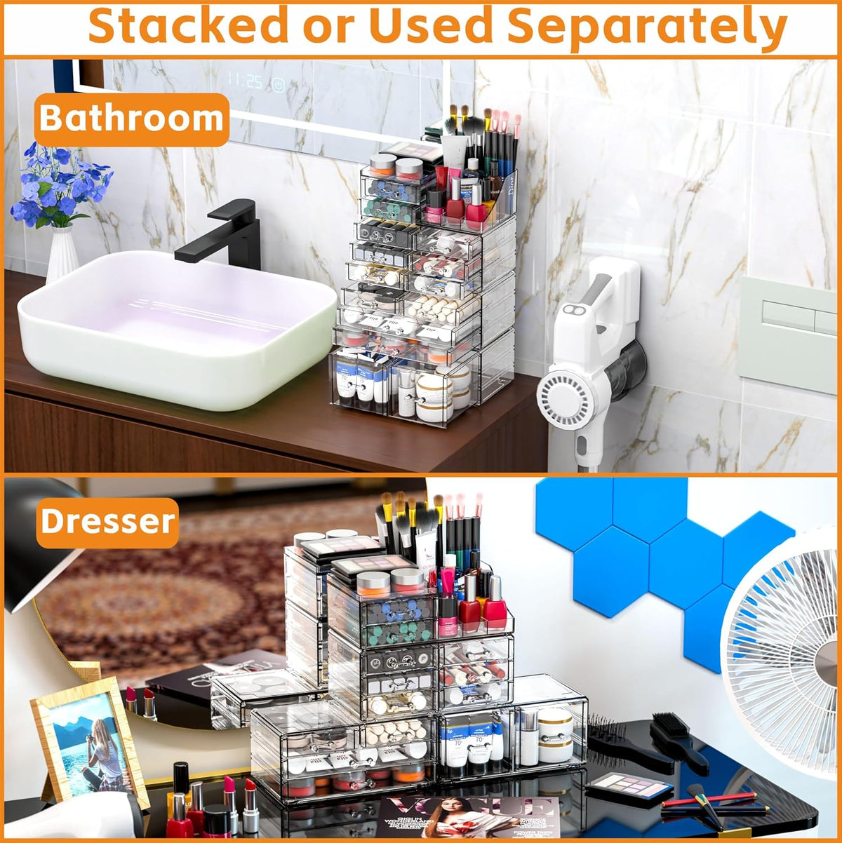 Cq acrylic Make Up Organizers for Vanity With 14 Drawers, 4 Pack Clear Drawer...