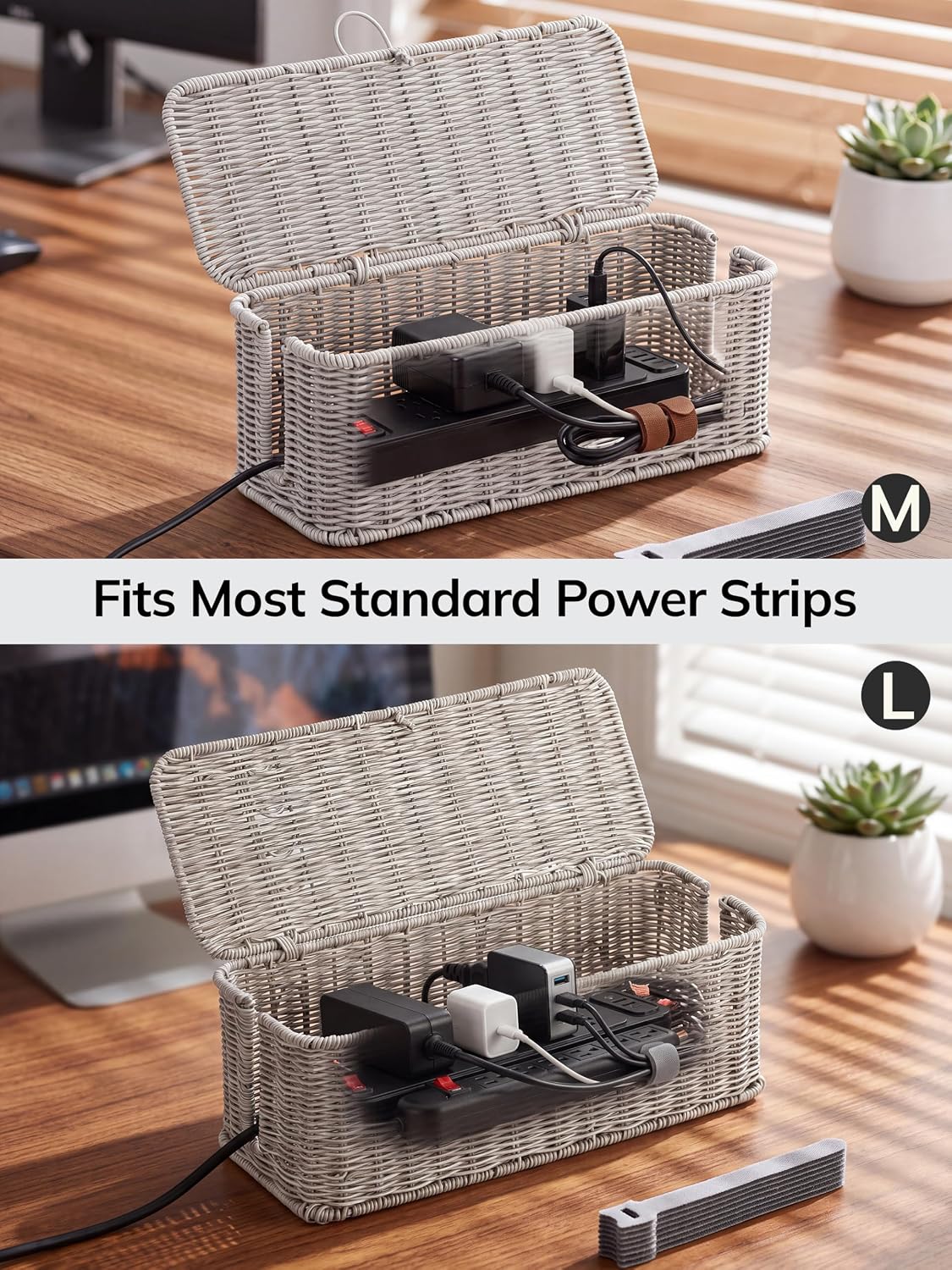 Cable Management Box, Cord Organizer with Lid & Cable Ties - Gray Set