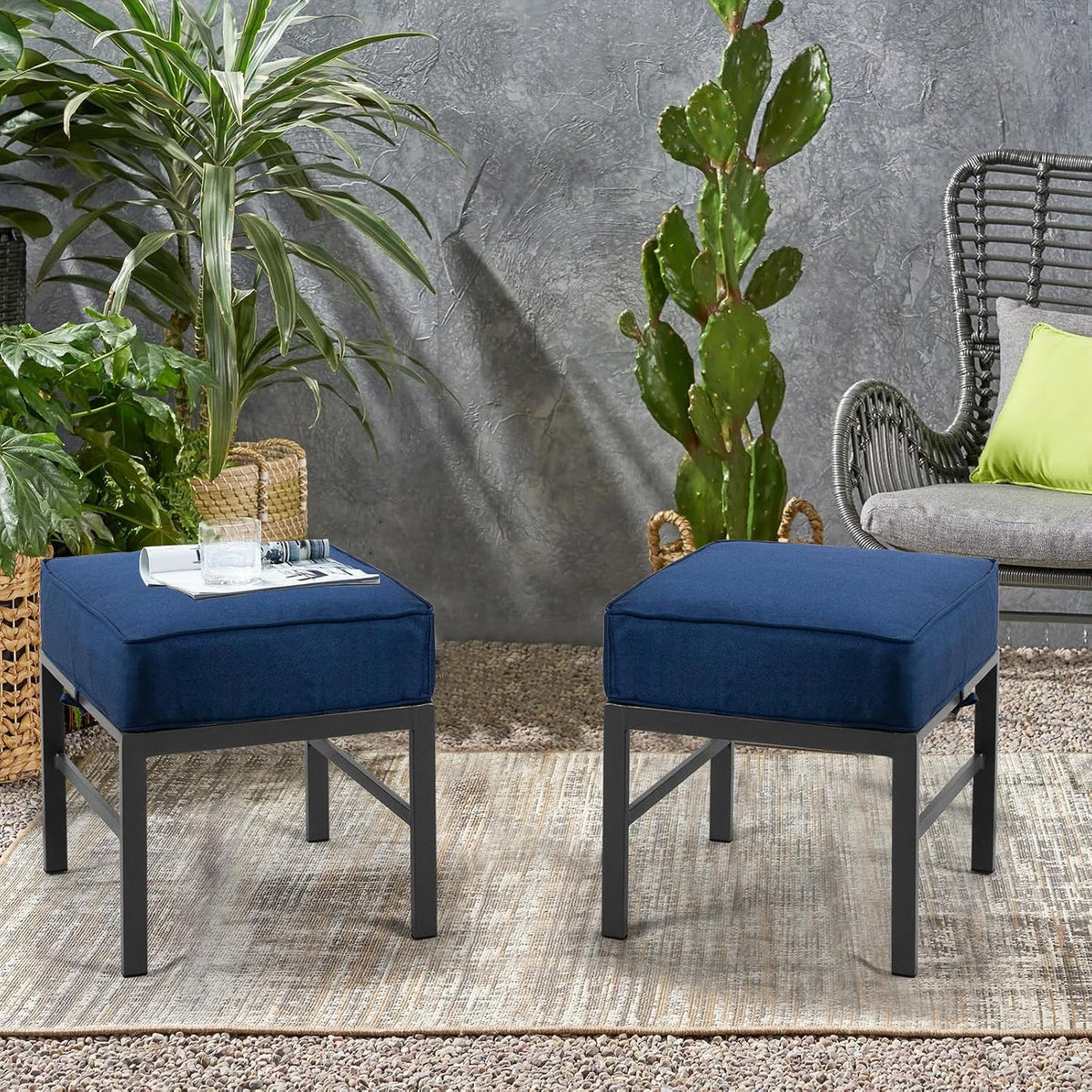 2 Pieces Outdoor Ottomans for Patio, Assembled Patio Ottomans with Bule Cushi...