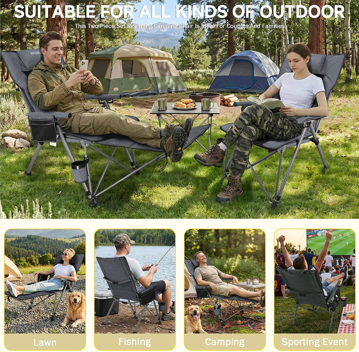 2 Pack Reclining Camping Chairs with Footrest and Pillow, 5 Position Adjustab...