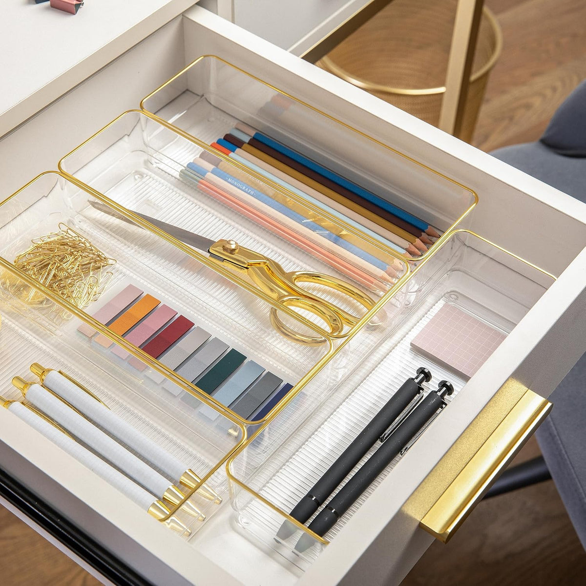Martha Stewart Kerry Stackable Desk Drawer Organizers, Clear/Gold, 6-Pack