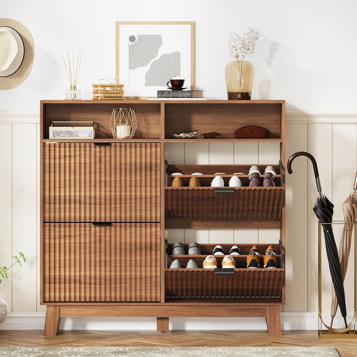 Shoe Cabinet Storage for Entryway with 4 Flip Drawers & Cubby, Walnut