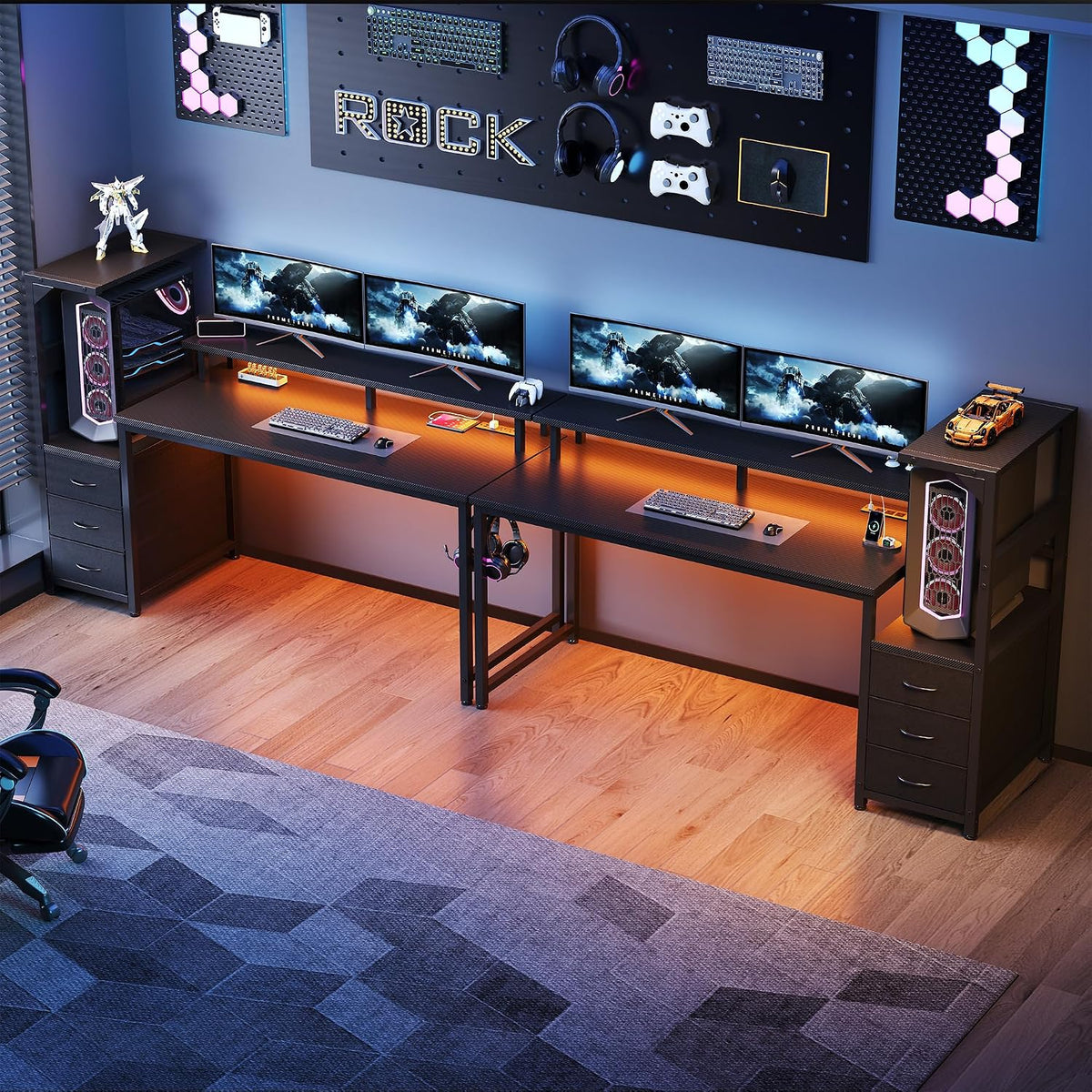 OLIXIS 59" Computer Desk with 3 Storage Drawers, Power Outlets, LED