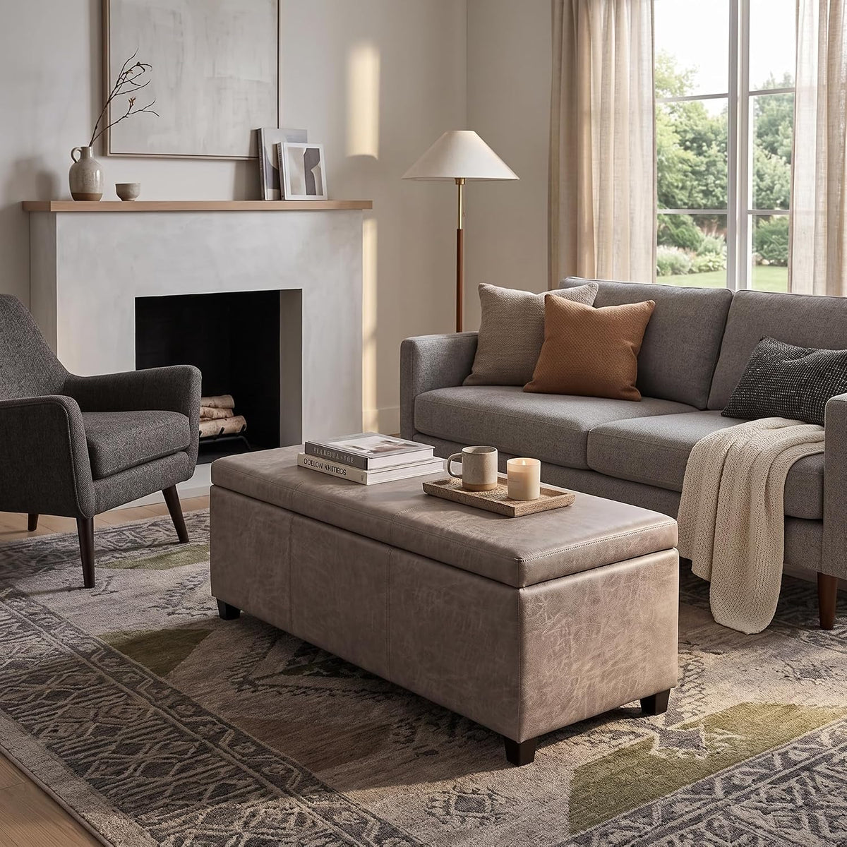 SIMPLIHOME Avalon 48" Wide Vegan Leather Storage Ottoman in Grey