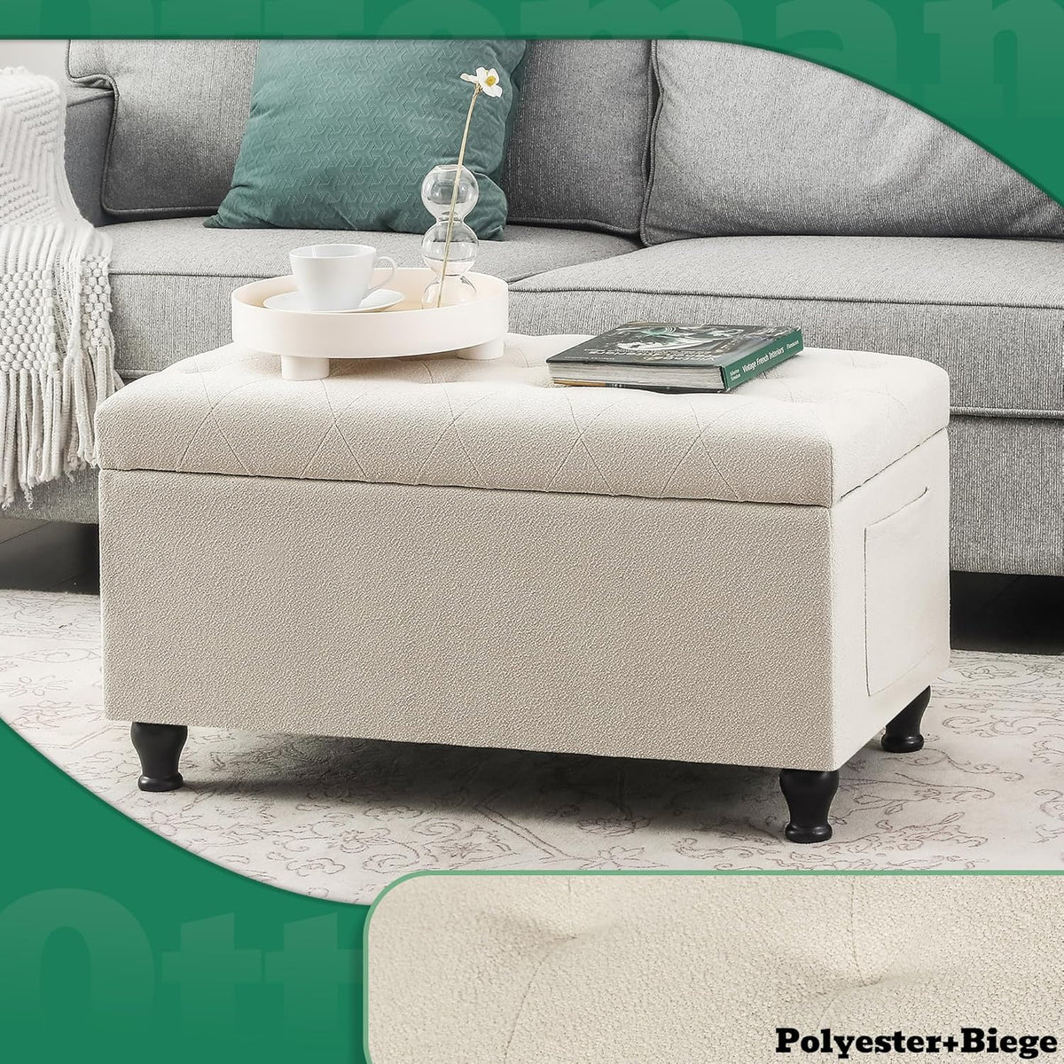 32'' Beige Fabric Upholstered Ottoman Storage Bench