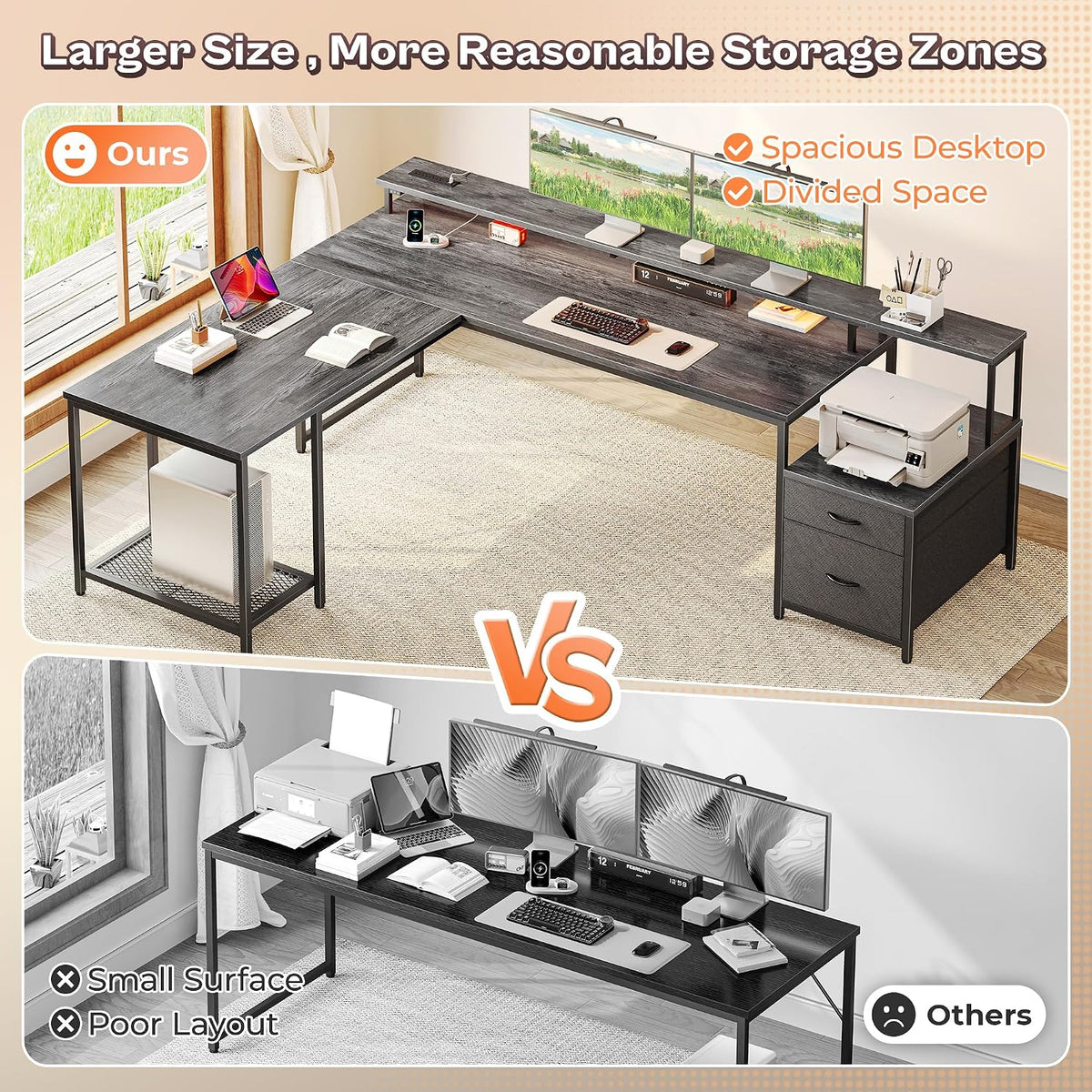 PRAISUN 66" L Shaped Gaming Desk with LED Lights & Power Outlets