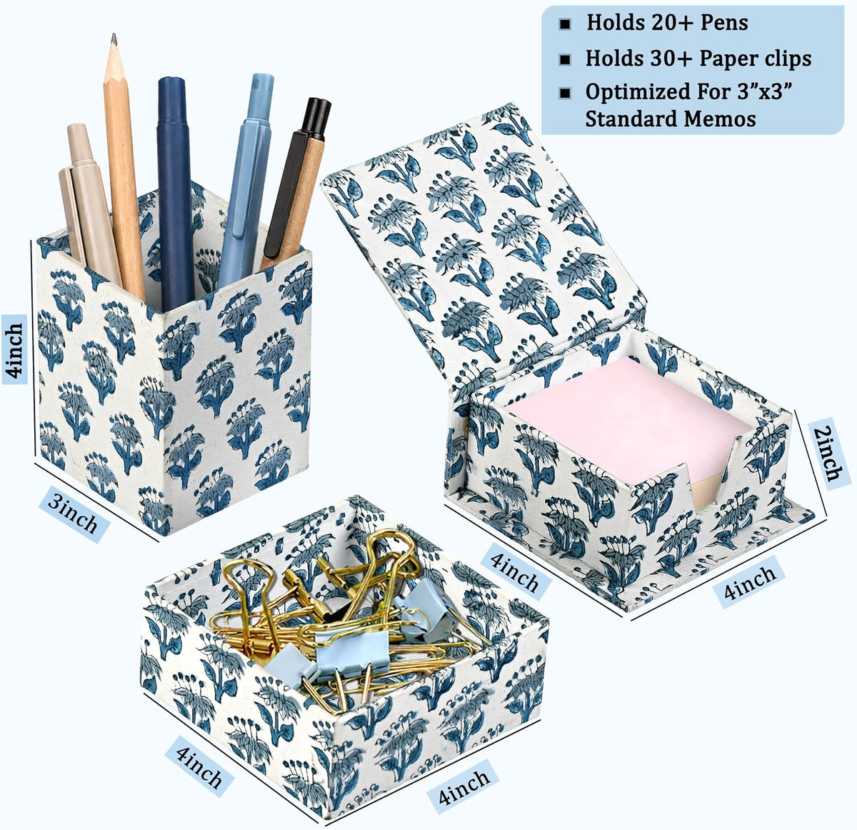 CPC Apatite Blue Block Print Set of 3 Desk Organizer