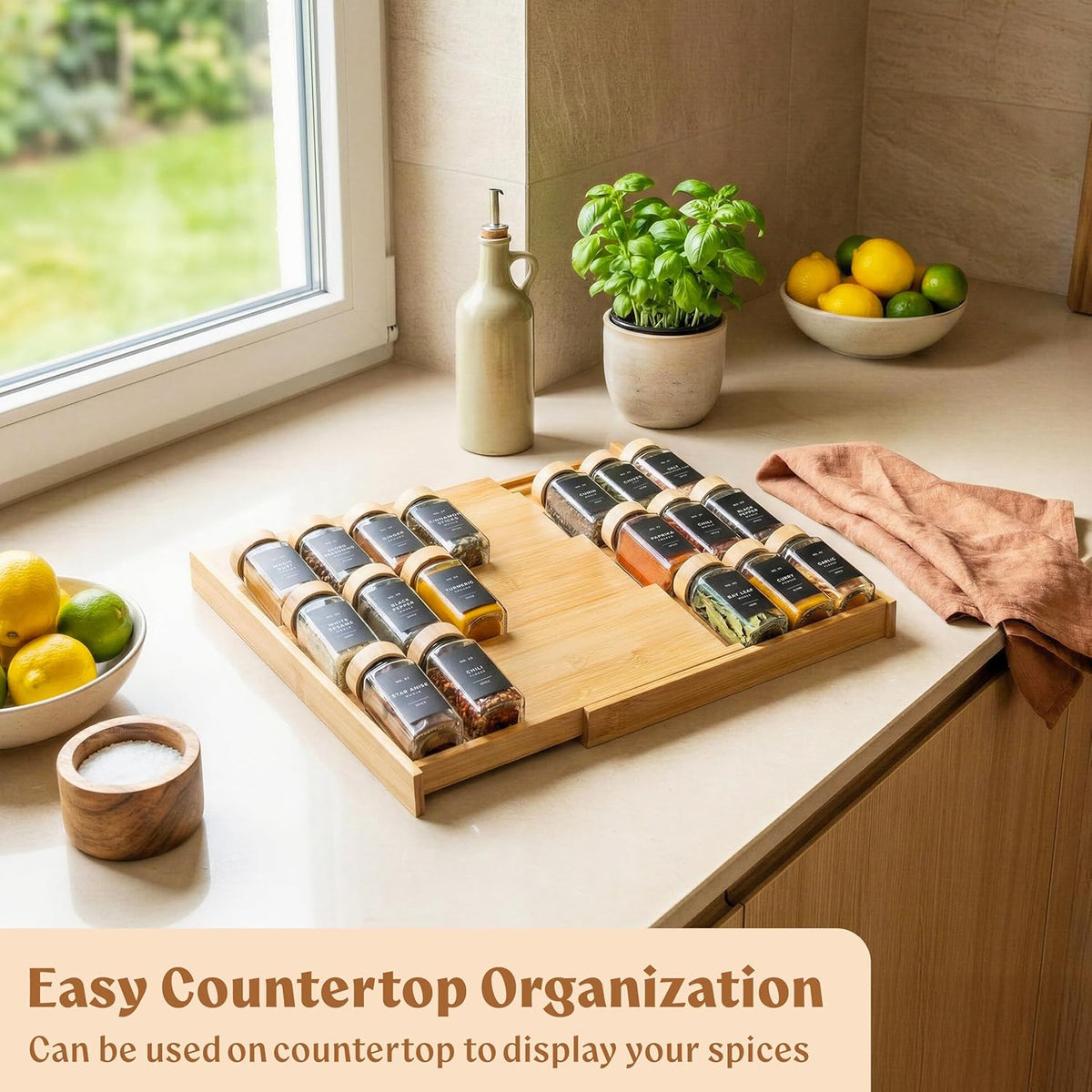 EDELHAUS Bamboo Spice Drawer Organizer, Expandable 4 Tier Spice Rack