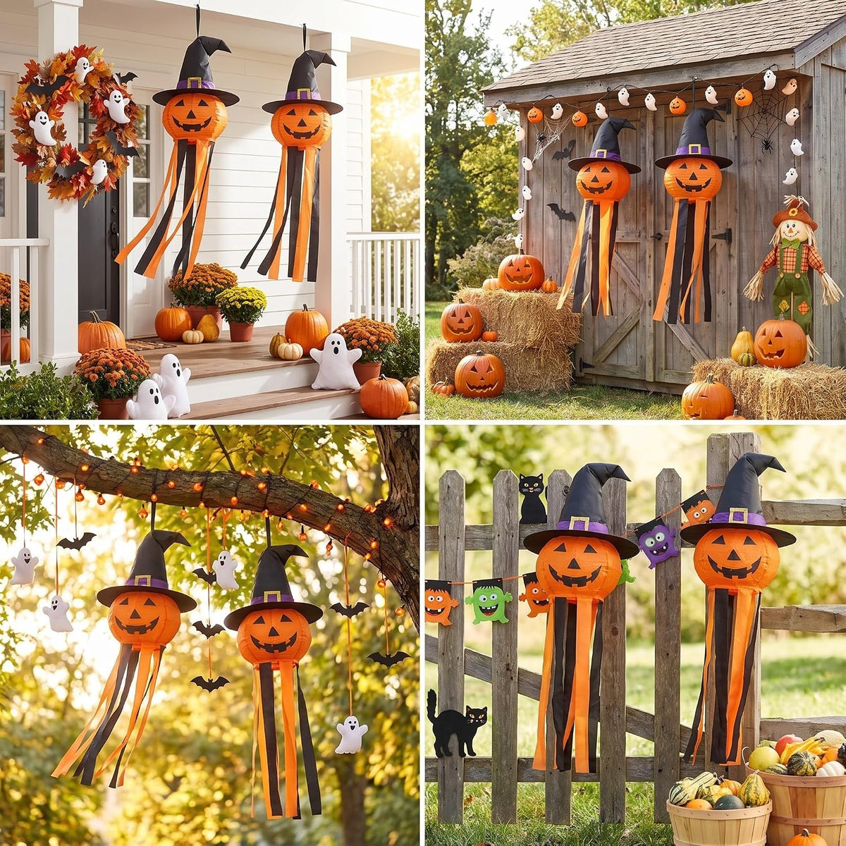 2 Pcs Halloween Pumpkin Windsocks Decoration 40'' Outdoor Ghost Winds...