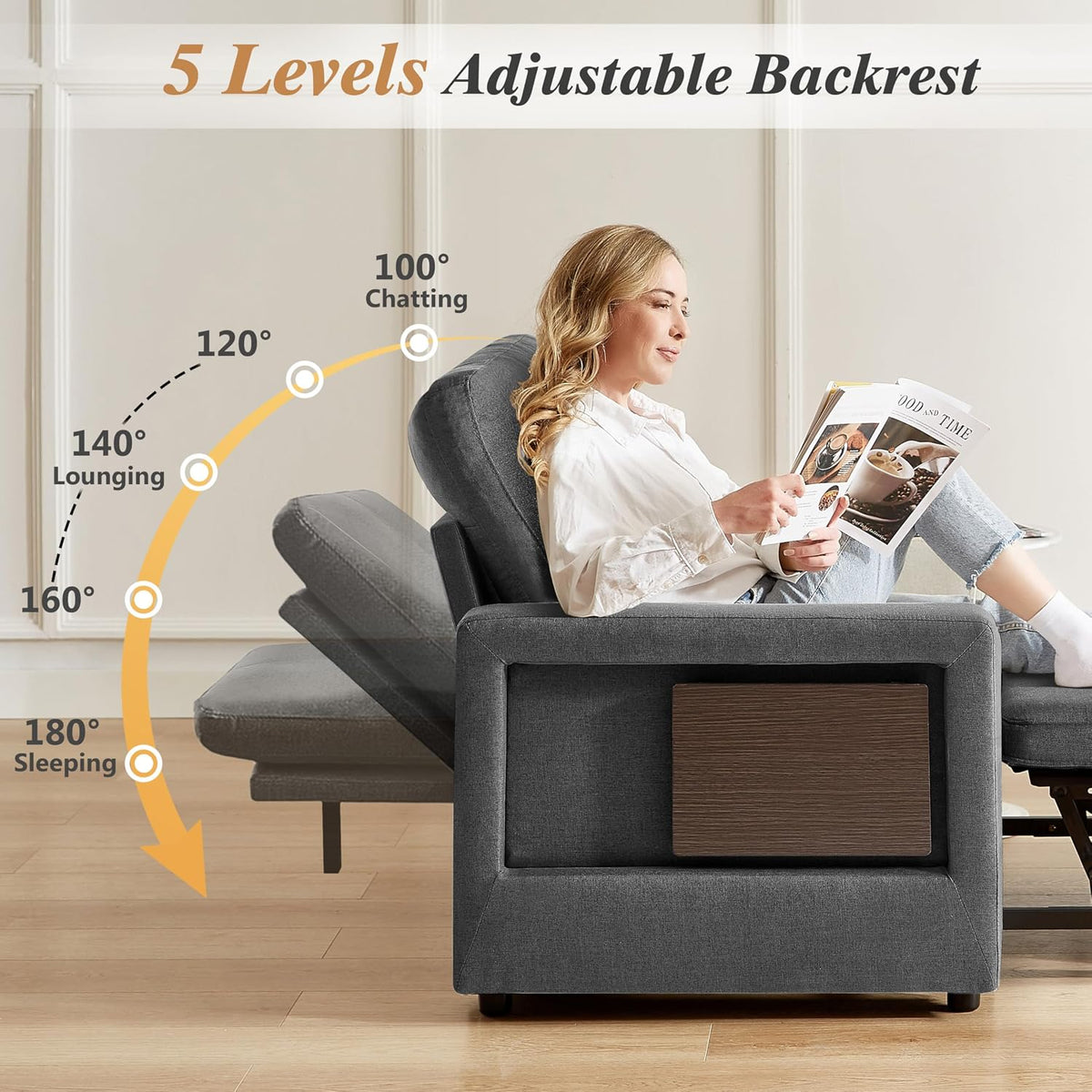 WEUP 42.5" Sleeper Chair Bed, 3-in-1 Convertible Reclining Sofa Chair wi...