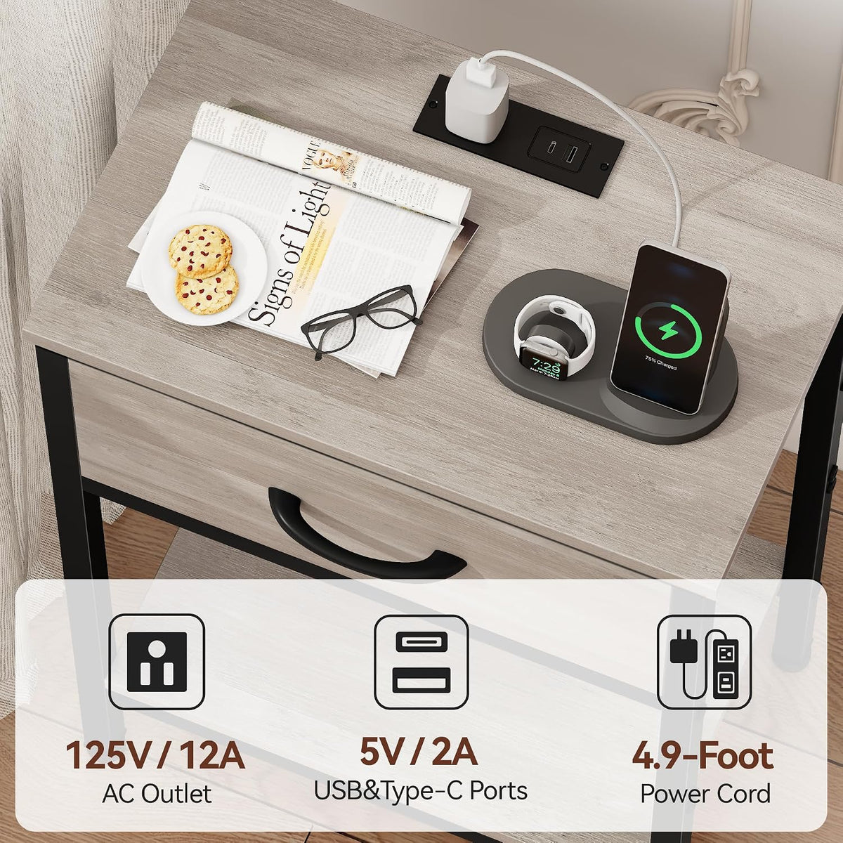 Vagusicc Nightstand with Charging Station, End Table with Fabric Drawer, Smal...