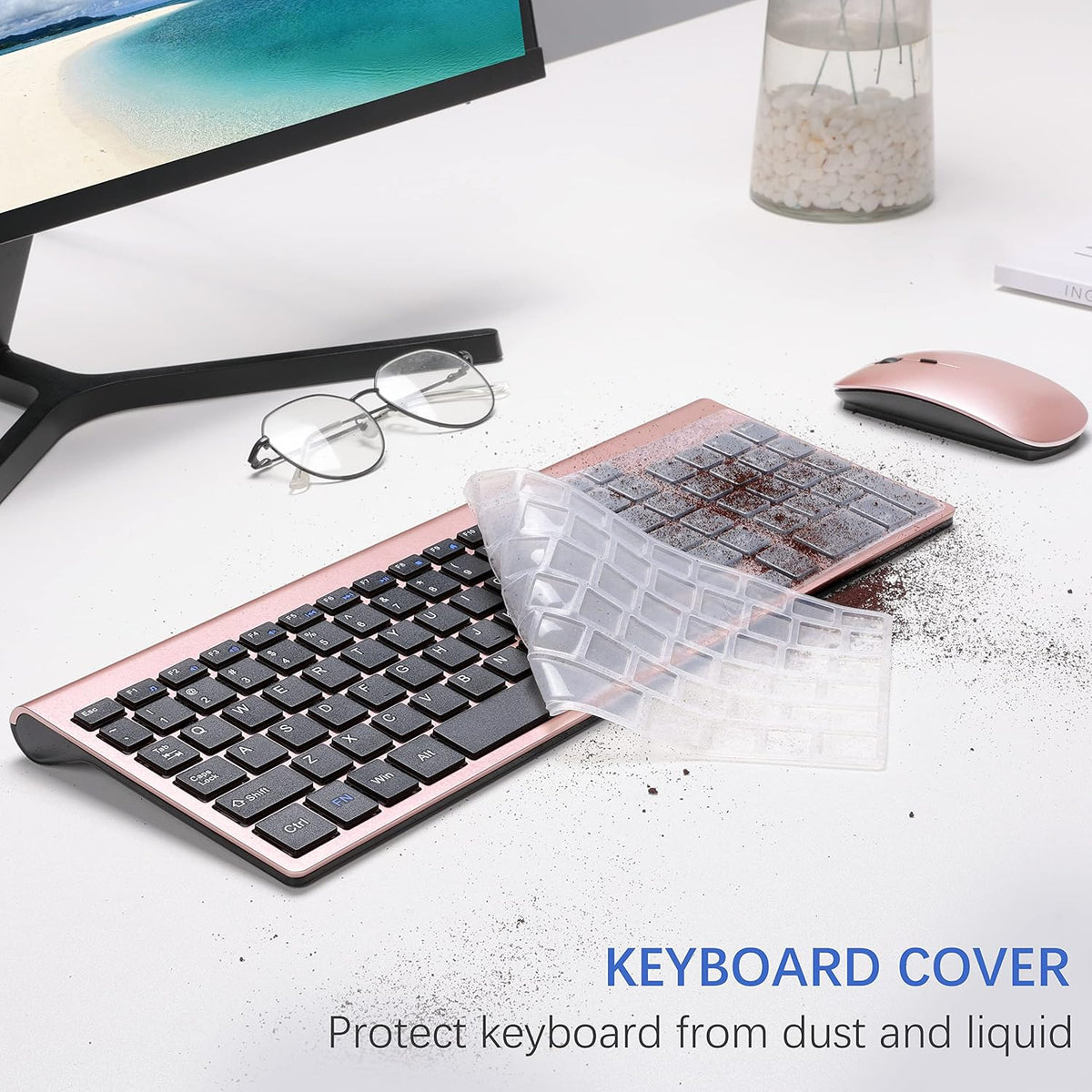 Wireless Keyboard and Mouse Ultra Slim Combo, TopMate - Rose Gold Black