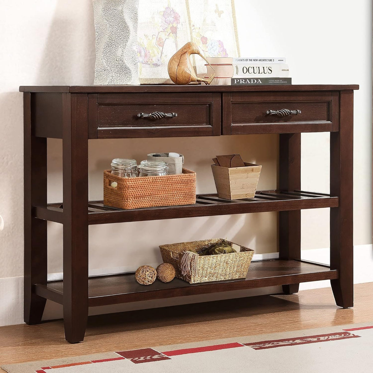 42inch Mid-Century Wood Console Table with 2 Drawers and 2 Bottom Shelf Sofa ...