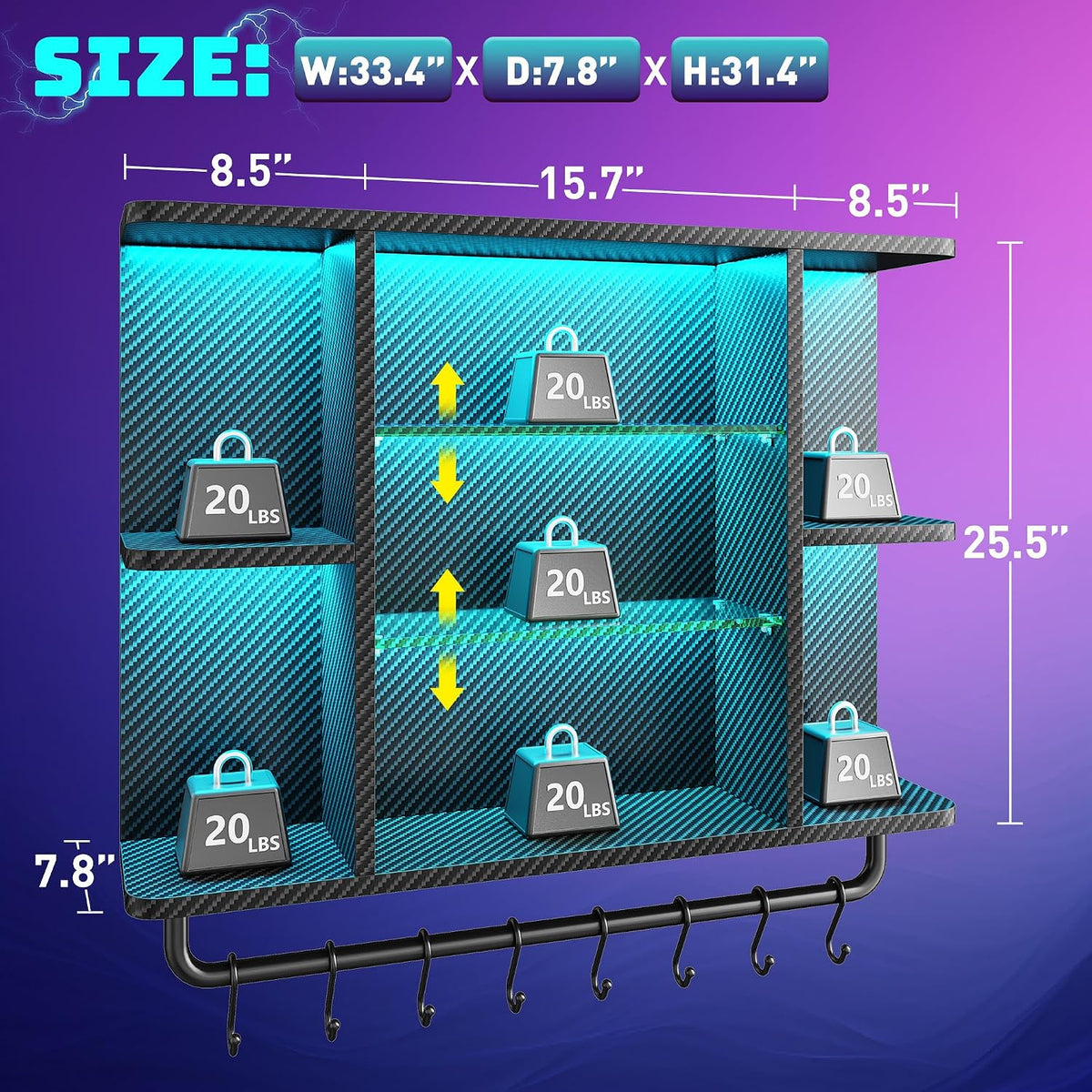 REIBII 34" Gaming Floating Shelves, LED Wall Mounted Shelf with Adjustab...