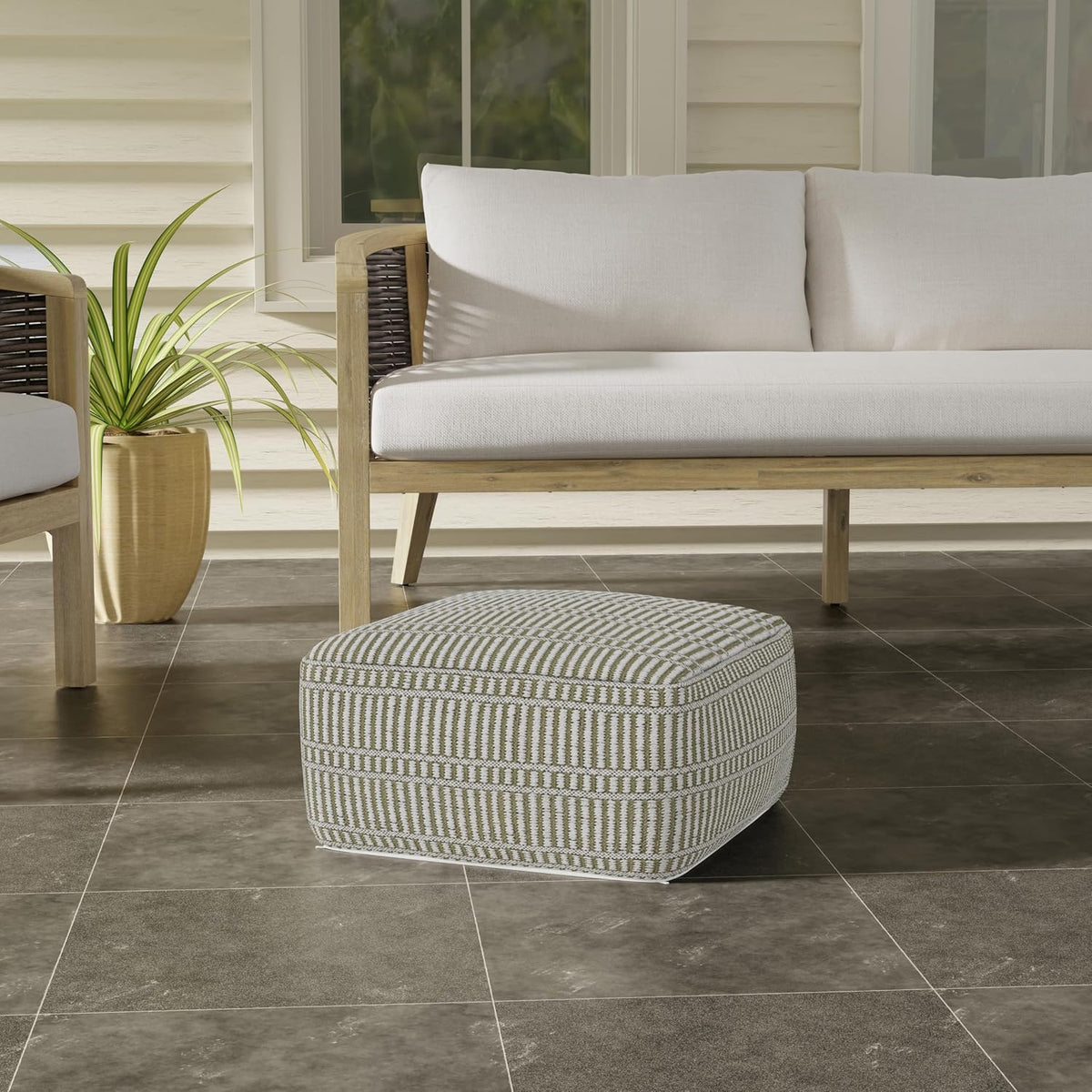 SIMPLIHOME Safford 20" Wide Square Pouf in Natural/White PET Polyester