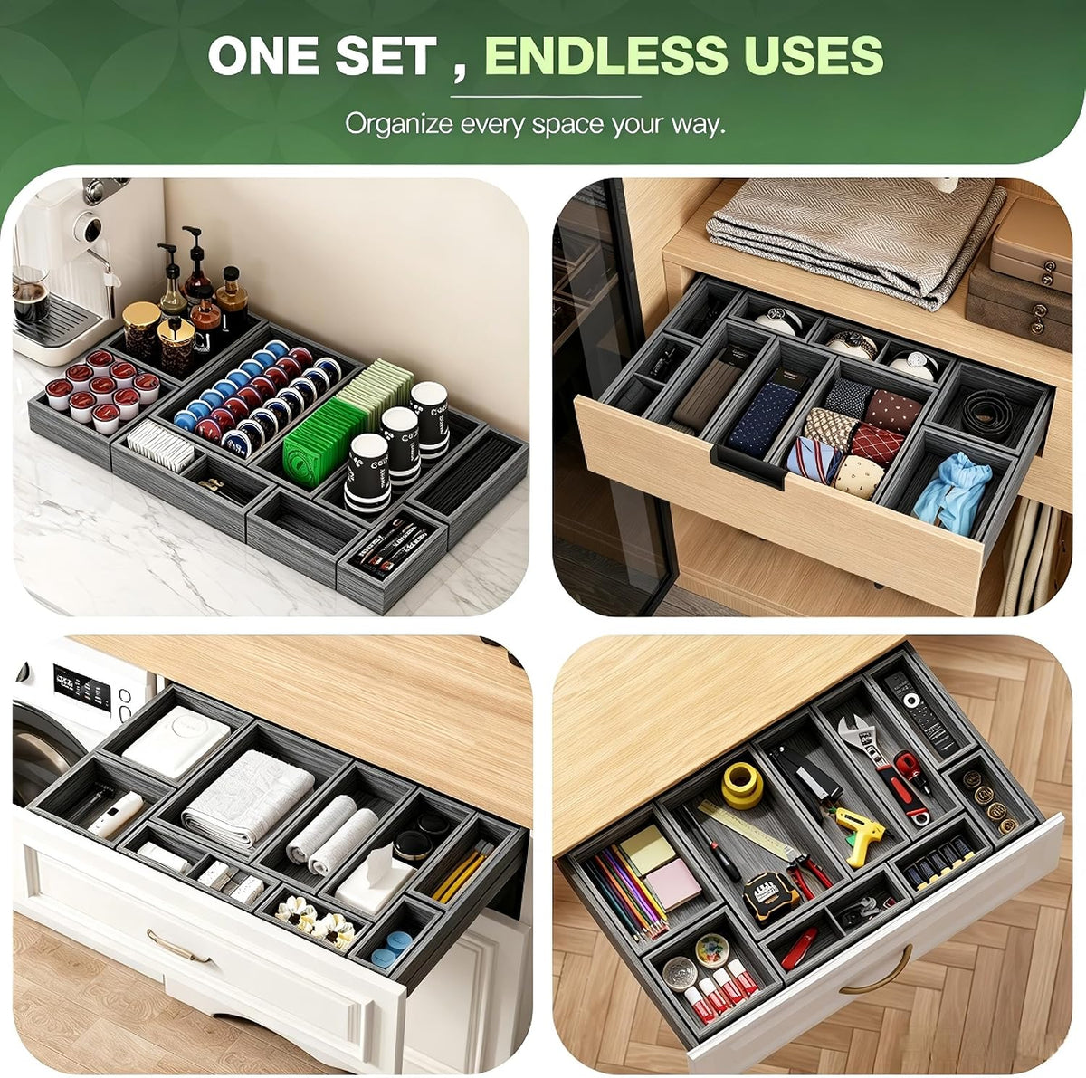 9-Pack Solid Wood Junk Drawer Organizer, Modular Desk Drawer Tray & Acces...