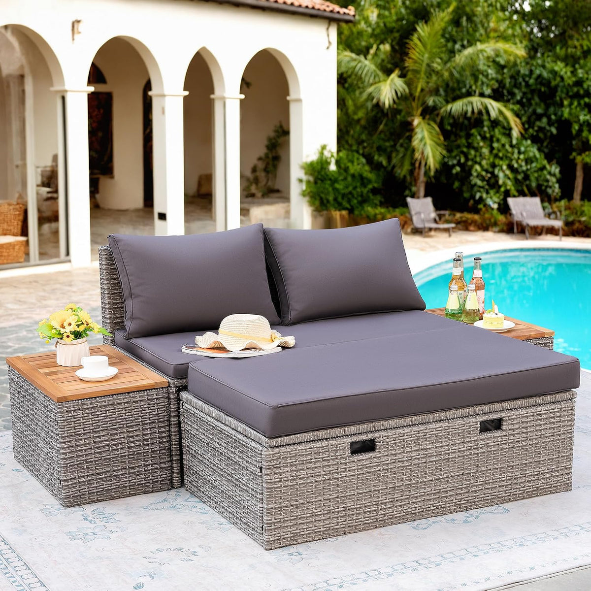 Flamaker Outdoor Rattan Lounge Chair with 2 Side Tables