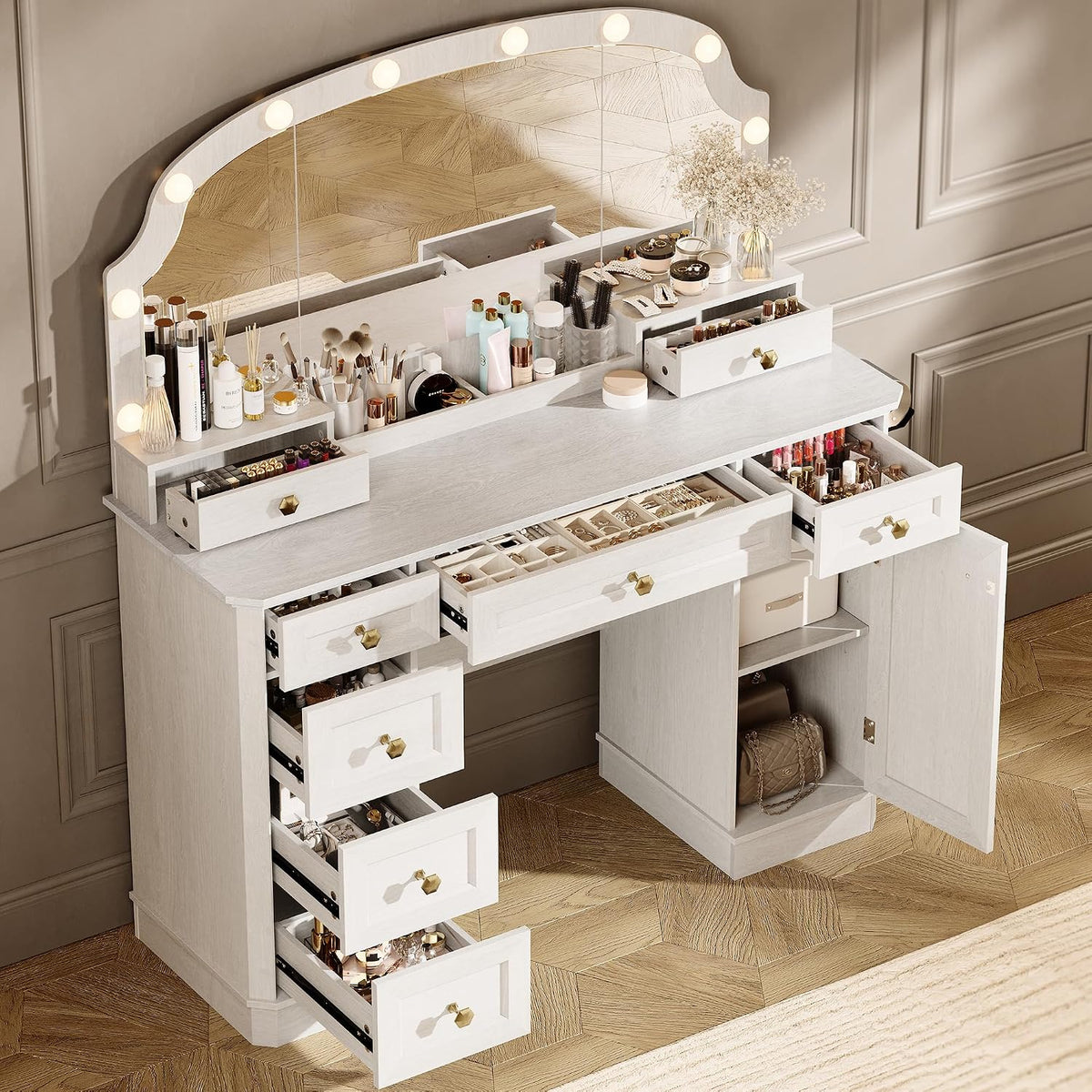 Farmhouse Makeup Vanity Desk with Mirror and Lights, 47'' Vanity Tabl...