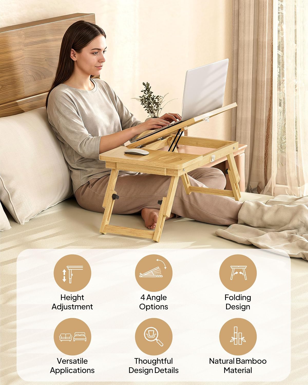 Bamboo Lap Desk, Adjustable Bed Desk with 4 Angle Options & Folding Design