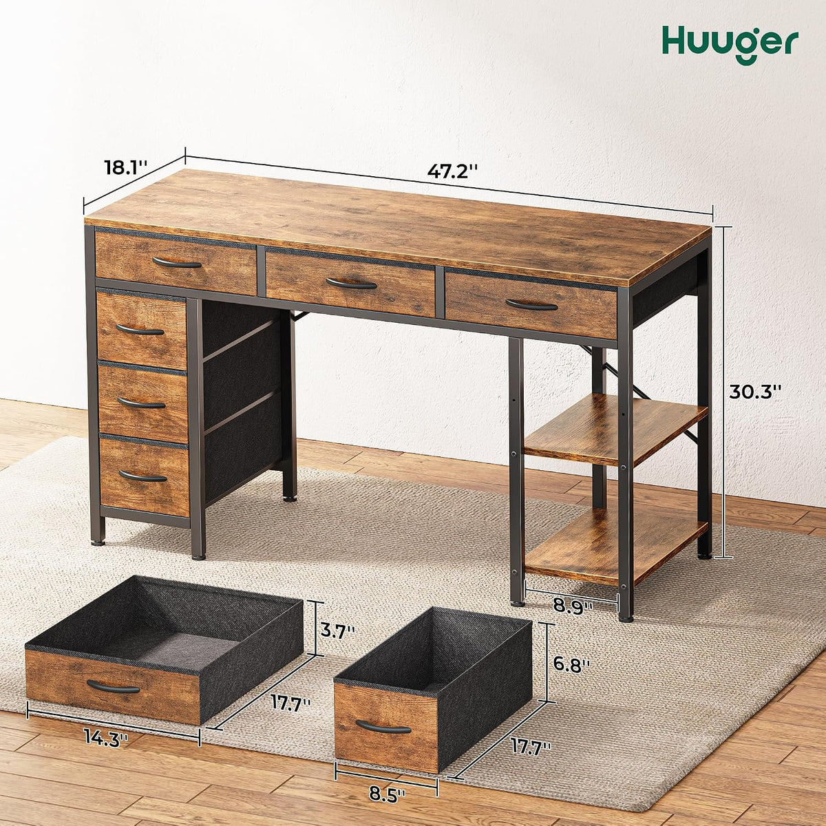Huuger Computer Desk with 6 Drawers, Office Desk with Shelves, Reversible Gam...