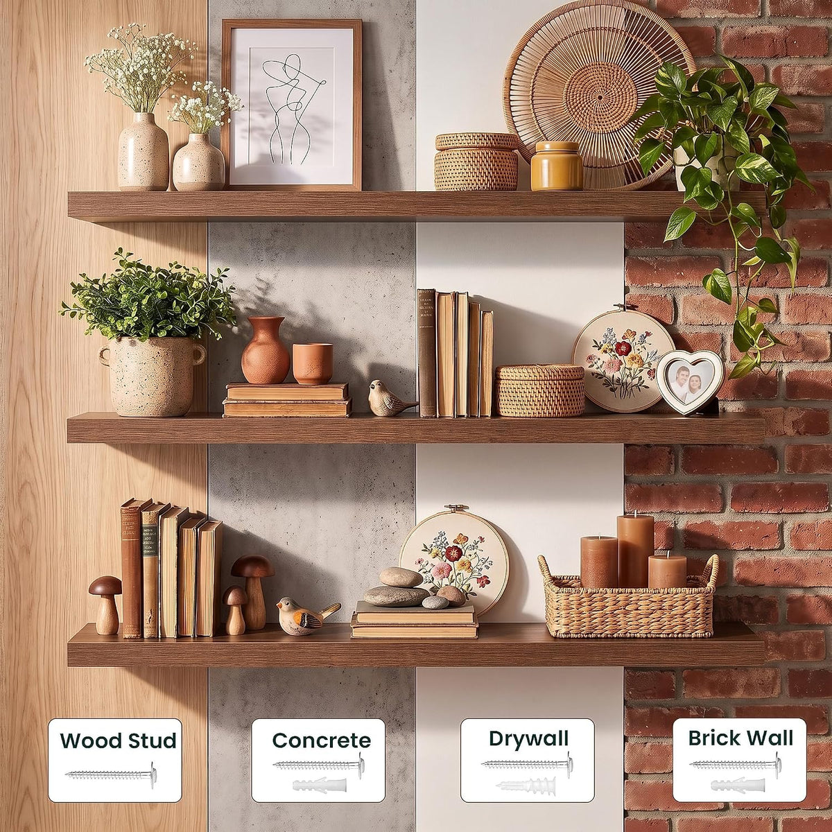 10 Inch Deep Floating Shelves for Wall, 30 Inch, Walnut, Set of 2