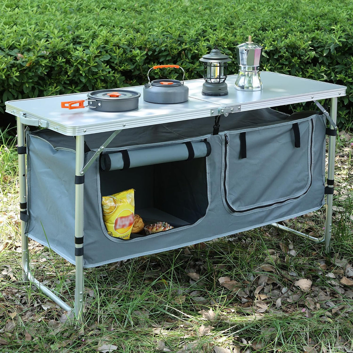 JOUYEK Camping Table, Folding Portable Kitchen Table with Storage Gray