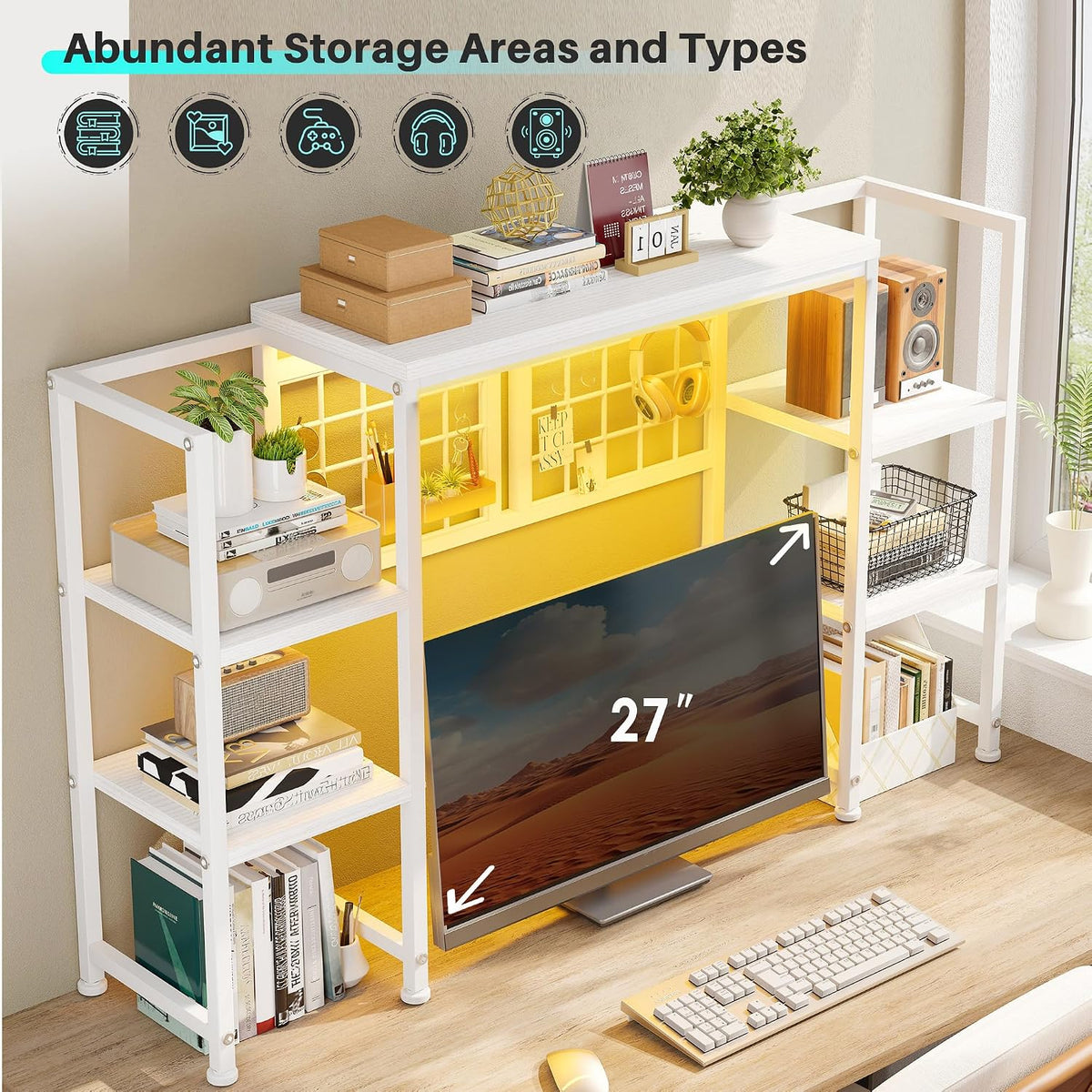 REIBII 5-Tier Desk Shelf with LED for Home Office Dorm, White