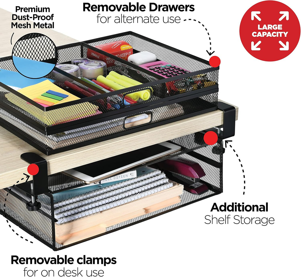 Homeify Under Desk Drawer Organizer Clamp-On, Mesh Metal Drawer Attachment, 2...