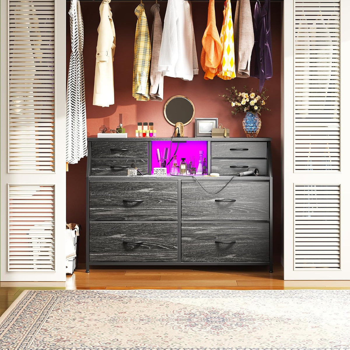 Romorgniz 8-Drawer Dresser with Charging Station & LED, Storage Organizer