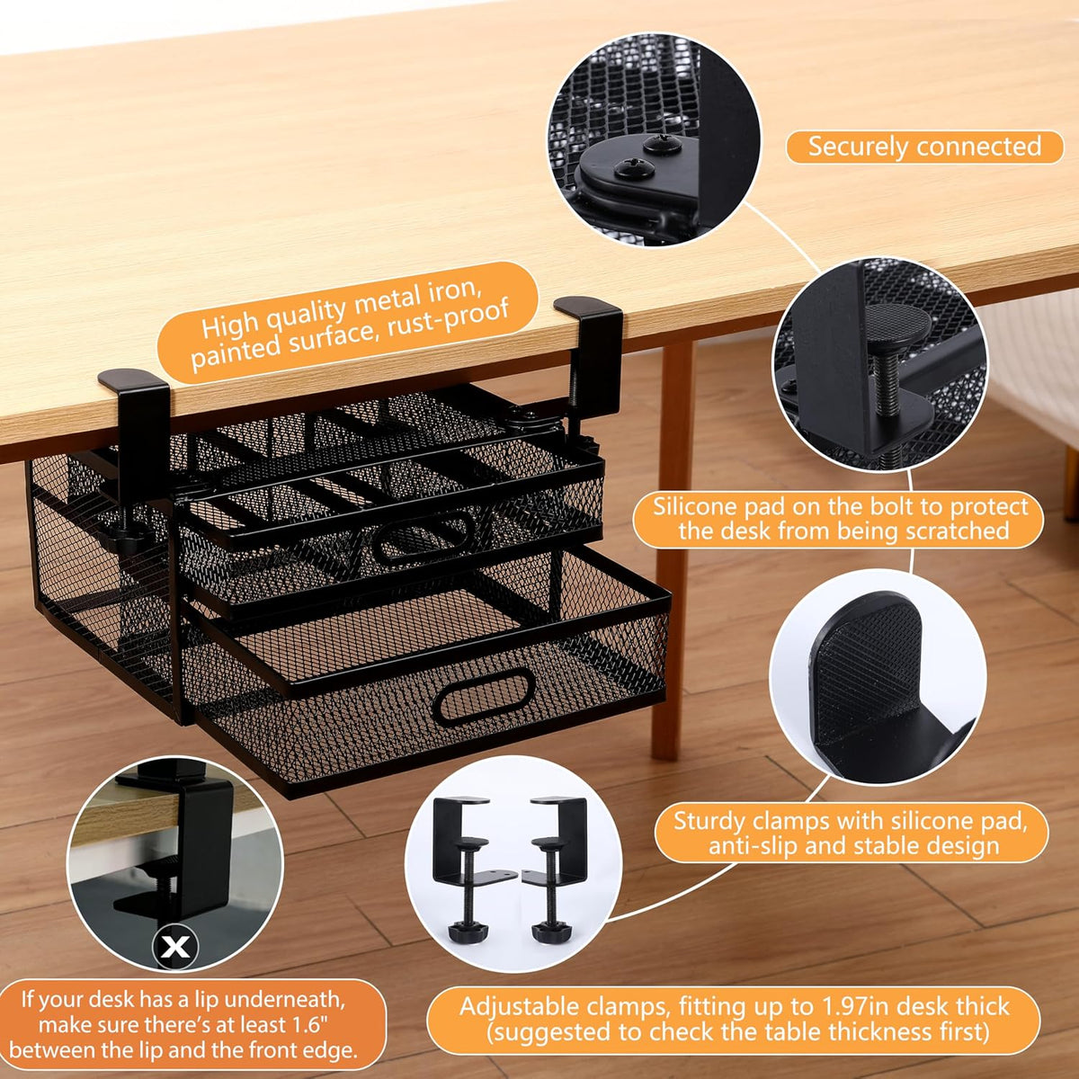 Sliding Under Desk Drawer Organizer No Drilling 2 Drawers Slide Out Desktop O...