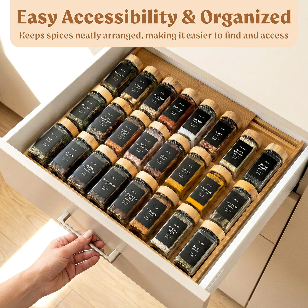 EDELHAUS Bamboo Spice Drawer Organizer, Expandable 4 Tier Spice Rack