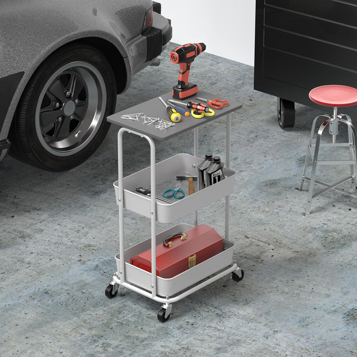 Simple Houseware 2-Tier Rolling Utility Cart Wood Top/Lockable Wheel, Gray