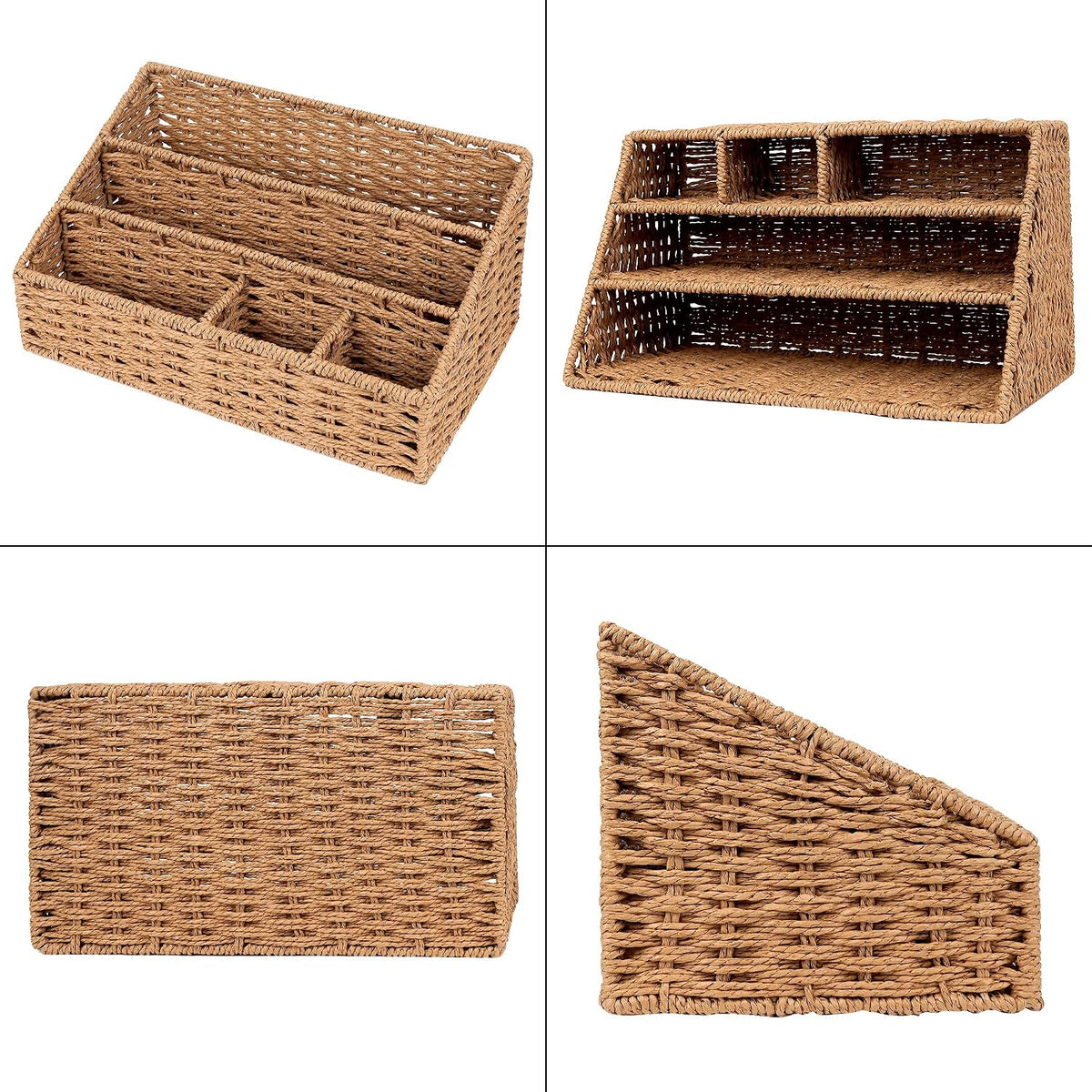 Woven Desk Organizer Basket with 5 Compartments, Rustic Paper Rope Mail Holde...
