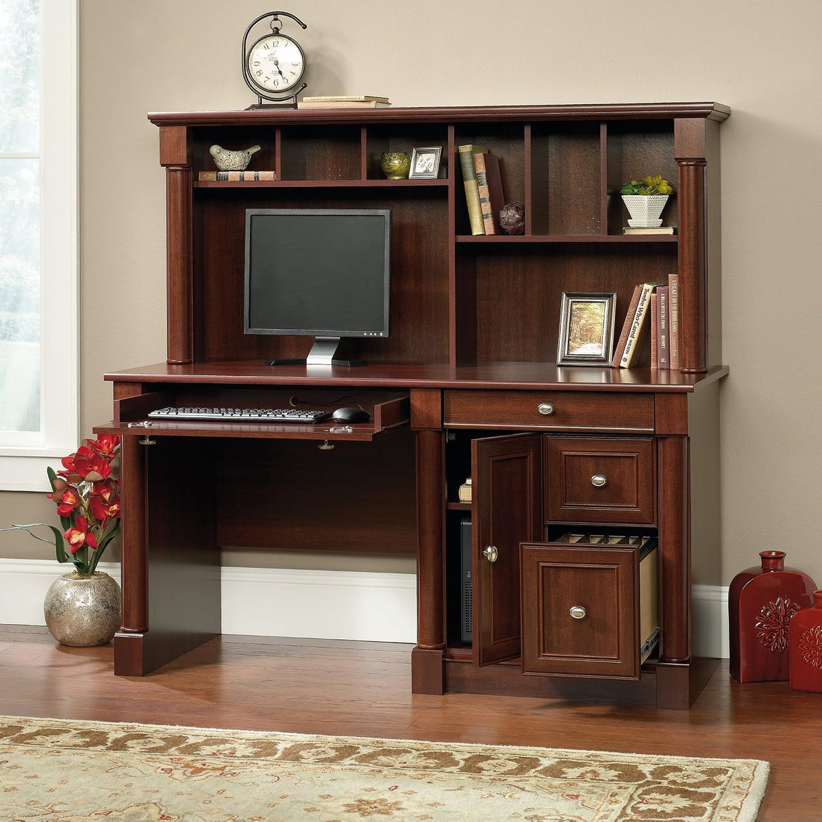 Sauder Palladia Computer Desk with Hutch, Large Storage and File Drawer, Home...