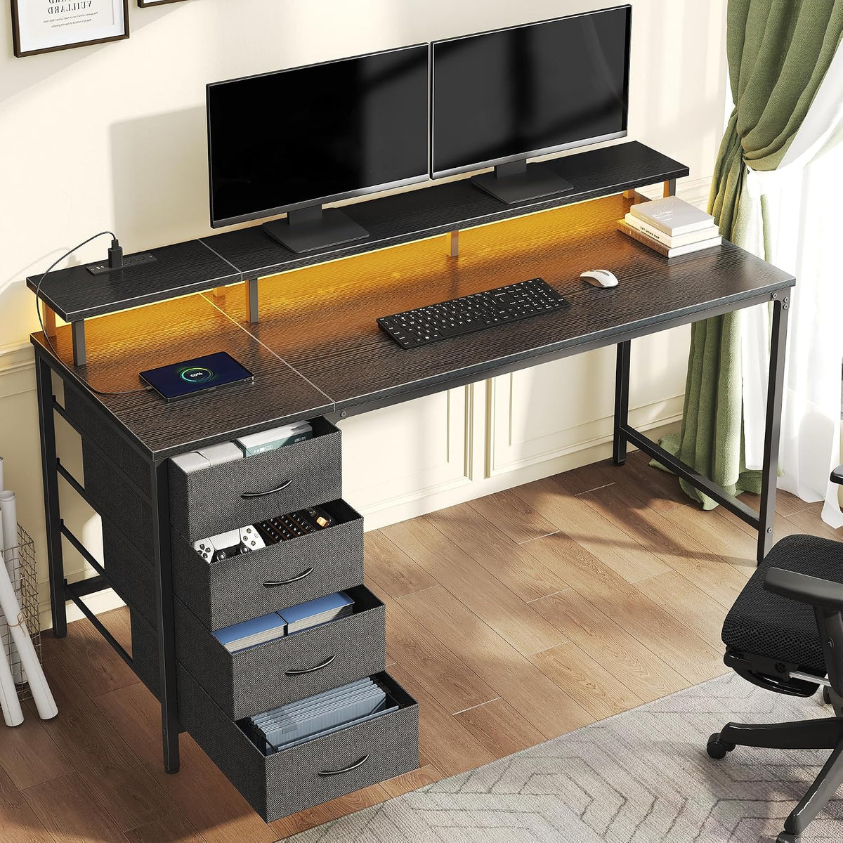 DUMOS 47-Inch Gaming Computer Desk with Drawers for Home Office, Black