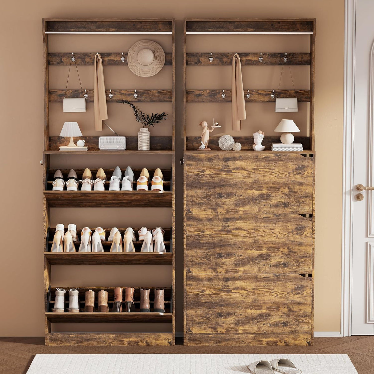 Brown Hidden Shoe Cabinet with 3 Flip Drawers & Coat Rack, Entryway