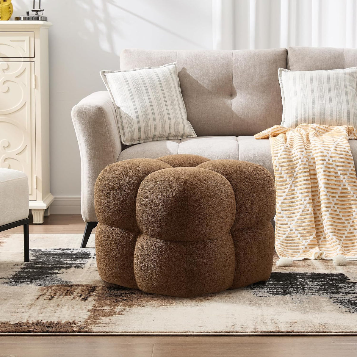 ONEVOG 21" Rust Brown Modern Ottoman, Square Fuzzy Couch Sherpa Pouf Ott...