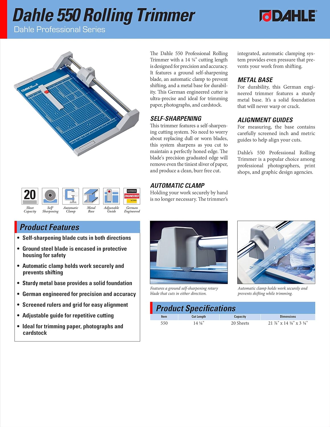 Dahle 550 Professional Rolling Trimmer, 14-1/8" Cut Length, 20 Sheet Cap...