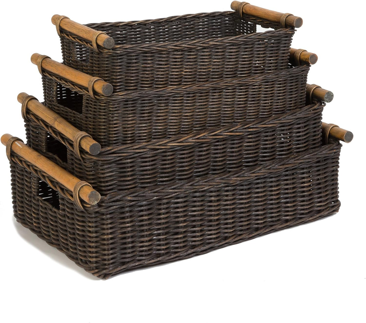 The Basket Lady Low Pole Handle Wicker Storage Basket, XL, Walnut Brown