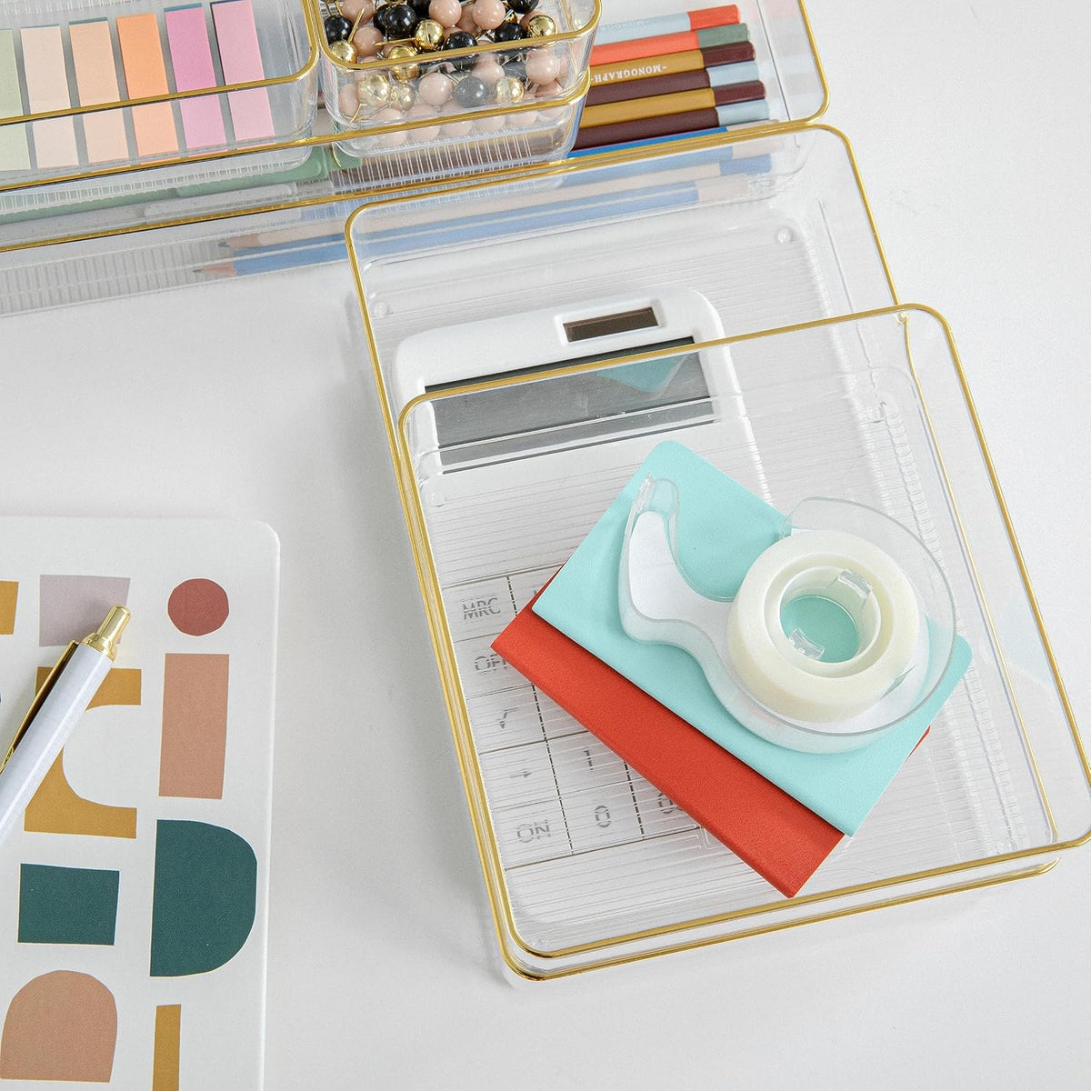 Martha Stewart Kerry Stackable Desk Drawer Organizers, Clear/Gold, 6-Pack