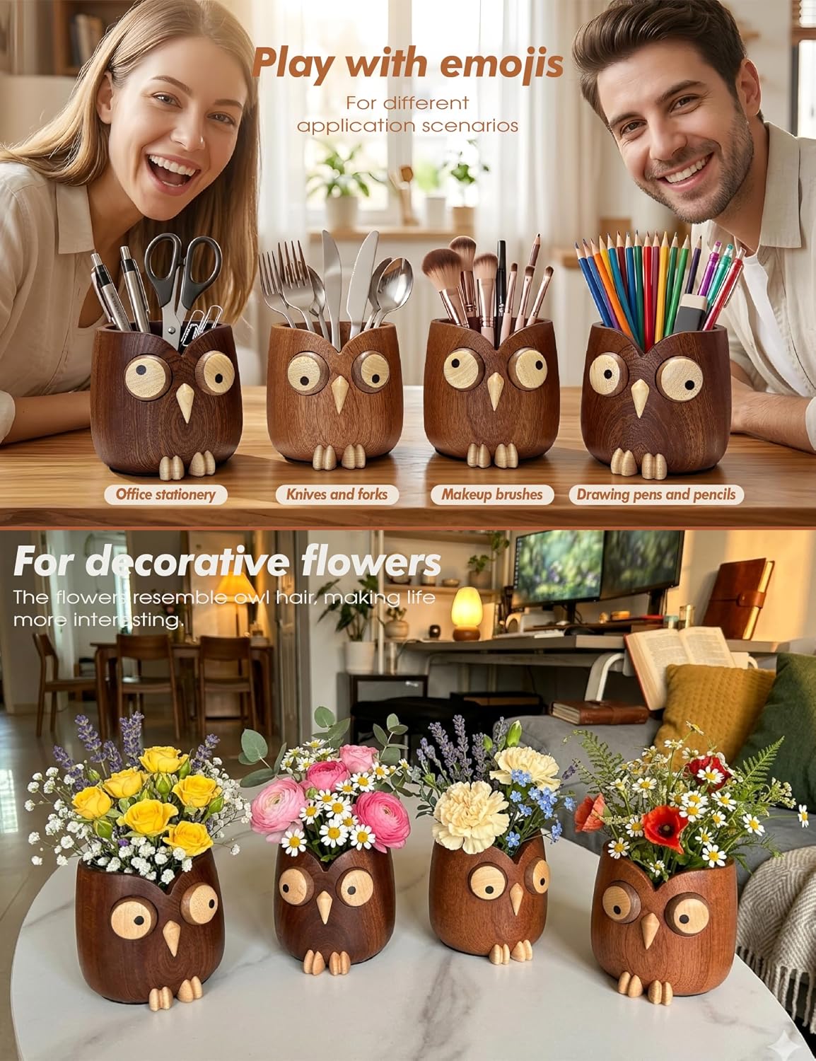 Solid Wood Owl Pen Holder for Desk with Adjustable Expressions, Funny Pencil ...