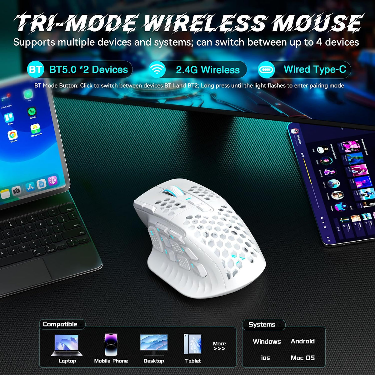 SM809 Pro Tri-Mode MMO Gaming Mouse, 16 Custom Buttons & 24000 DPI