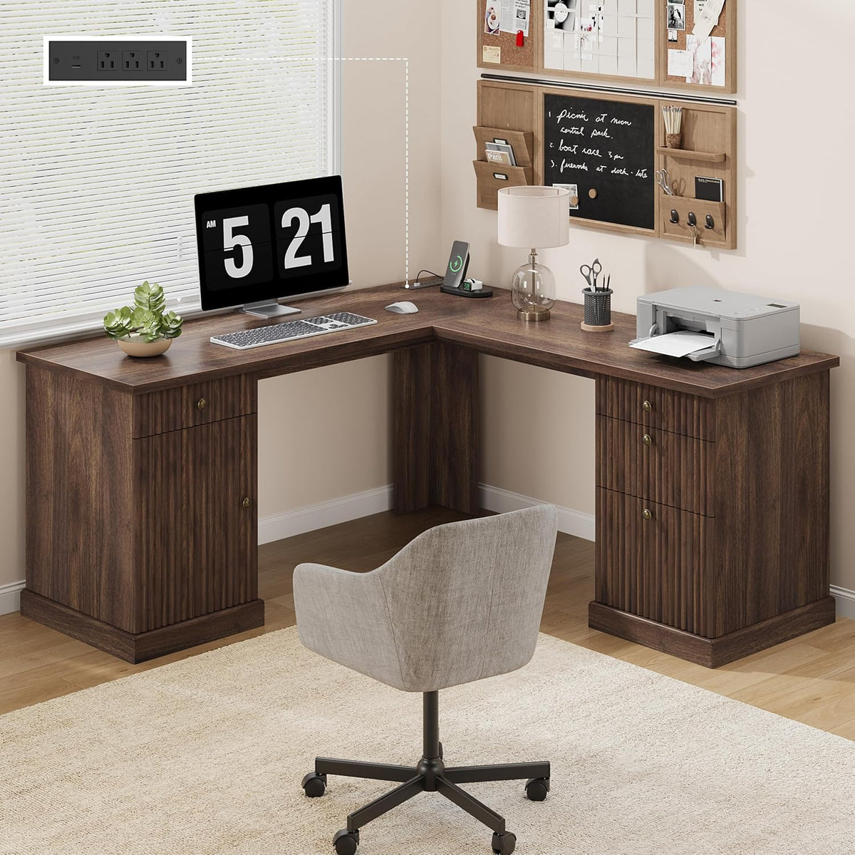 Garvee 60" Fluted L Shaped Desk with File Drawer, Corner Desk with Storage