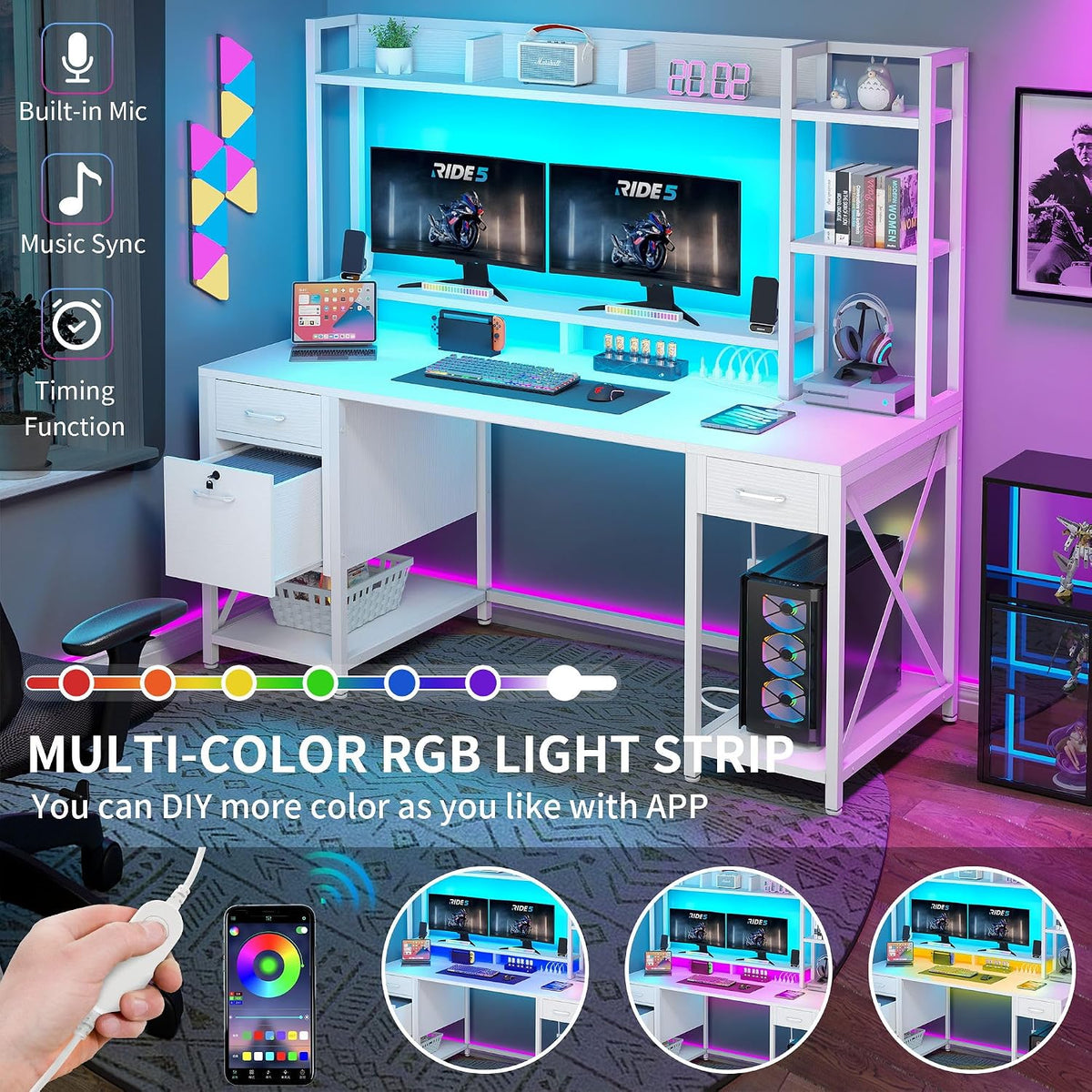 YITAHOME 59.1" Computer Desk with Drawers & Hutch, Power & LED, ...