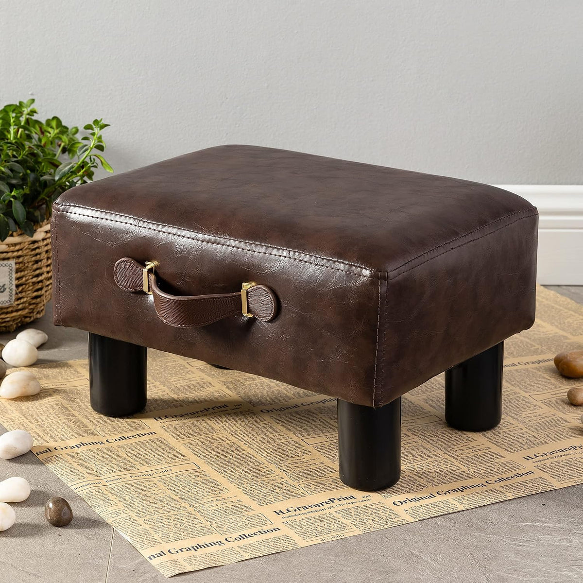 Small Foot Stool with Handle, Brown Faux Leather Short Foot Stool Rest, Recta...