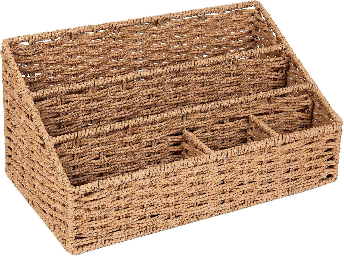 Woven Desk Organizer Basket with 5 Compartments, Rustic Paper Rope Mail Holde...