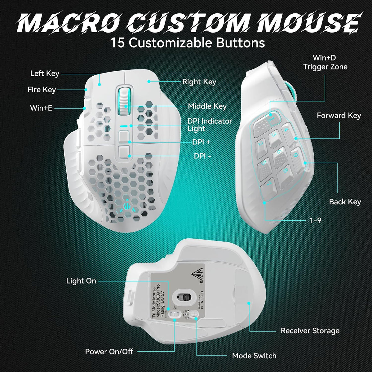 SM809 Pro Tri-Mode MMO Gaming Mouse, 16 Custom Buttons & 24000 DPI