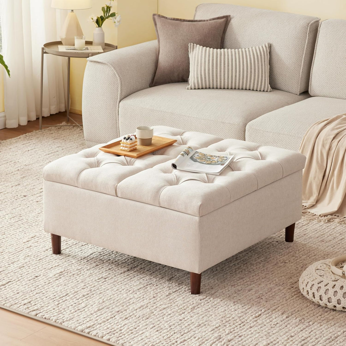 Weture 35" Large Storage Ottoman Coffee Table, Square Ottoman, Beige